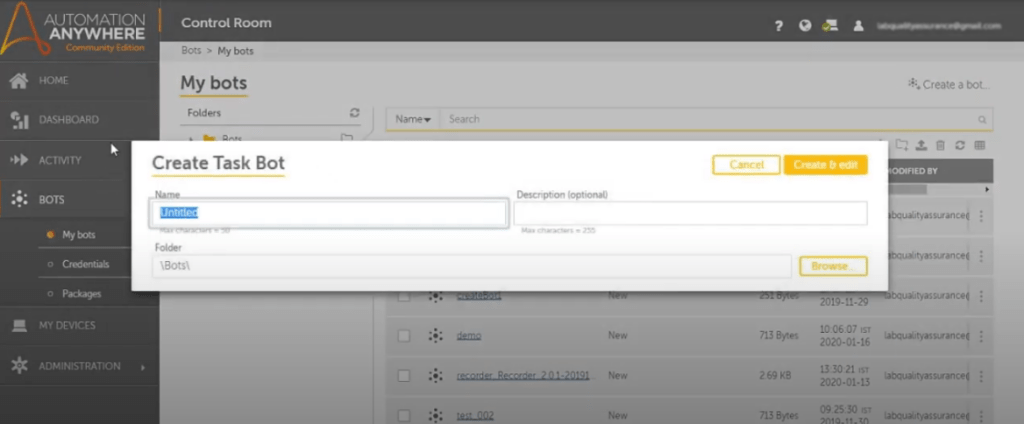 Automation Anywhere A2019 Create new bot