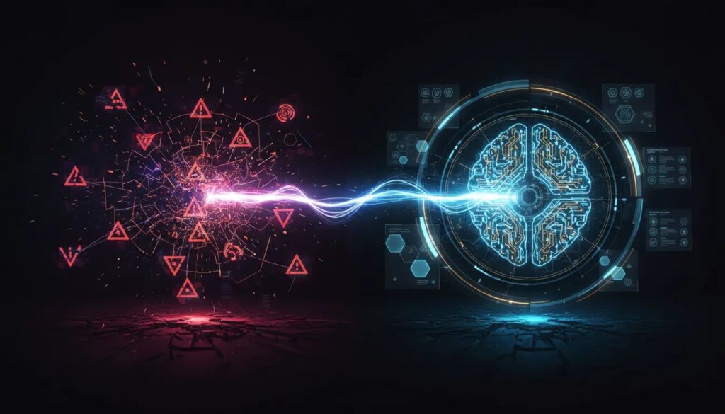 Split-screen futuristic workspace showing a transition from a cracked, glitchy AI setup to a stable, secure agentic AI system using holographic nodes and glowing shield-like effects.