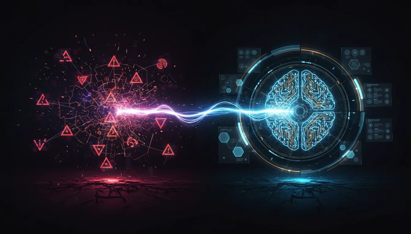 Split-screen futuristic workspace showing a transition from a cracked, glitchy AI setup to a stable, secure agentic AI system using holographic nodes and glowing shield-like effects.