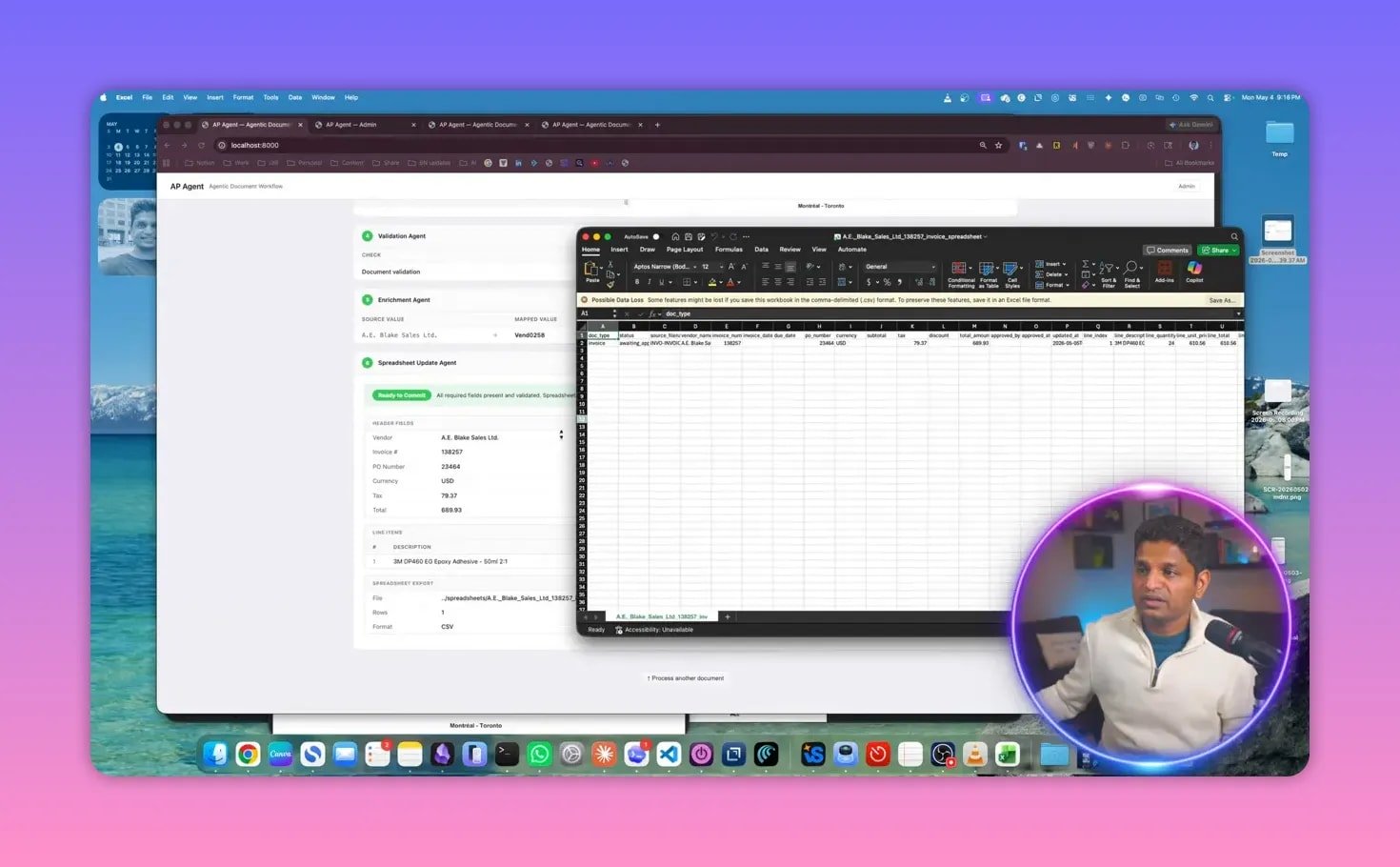 Spreadsheet receiving automatically written invoice data from an agentic OCR workflow