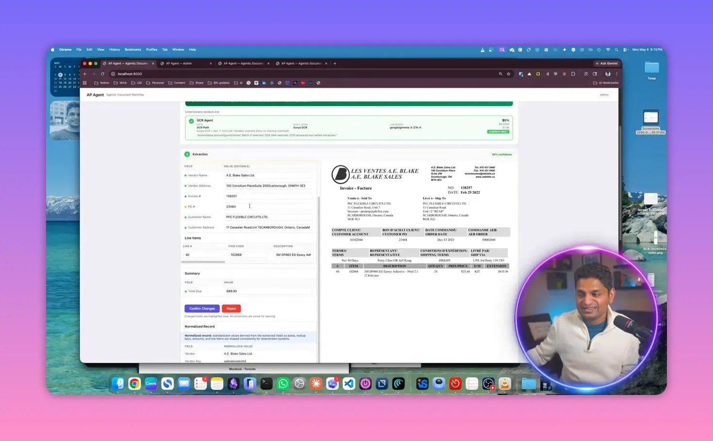 Screenshot of agentic OCR extracted invoice fields alongside source document for human review