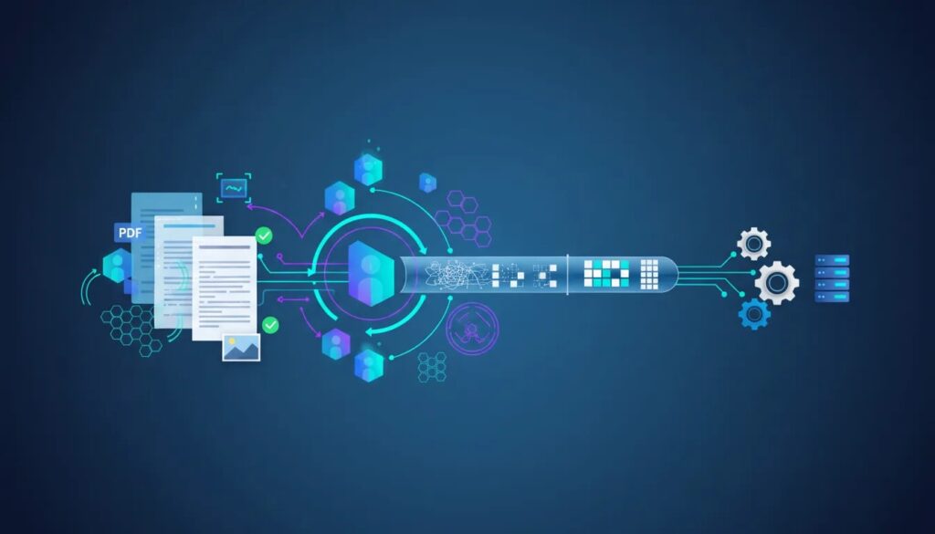 Illustration of agentic OCR showing multiple collaborating agents processing unstructured documents into validated structured data and flowing to downstream systems, with no text.