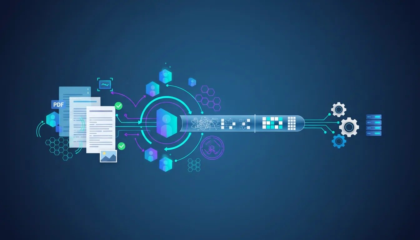Illustration of agentic OCR showing multiple collaborating agents processing unstructured documents into validated structured data and flowing to downstream systems, with no text.